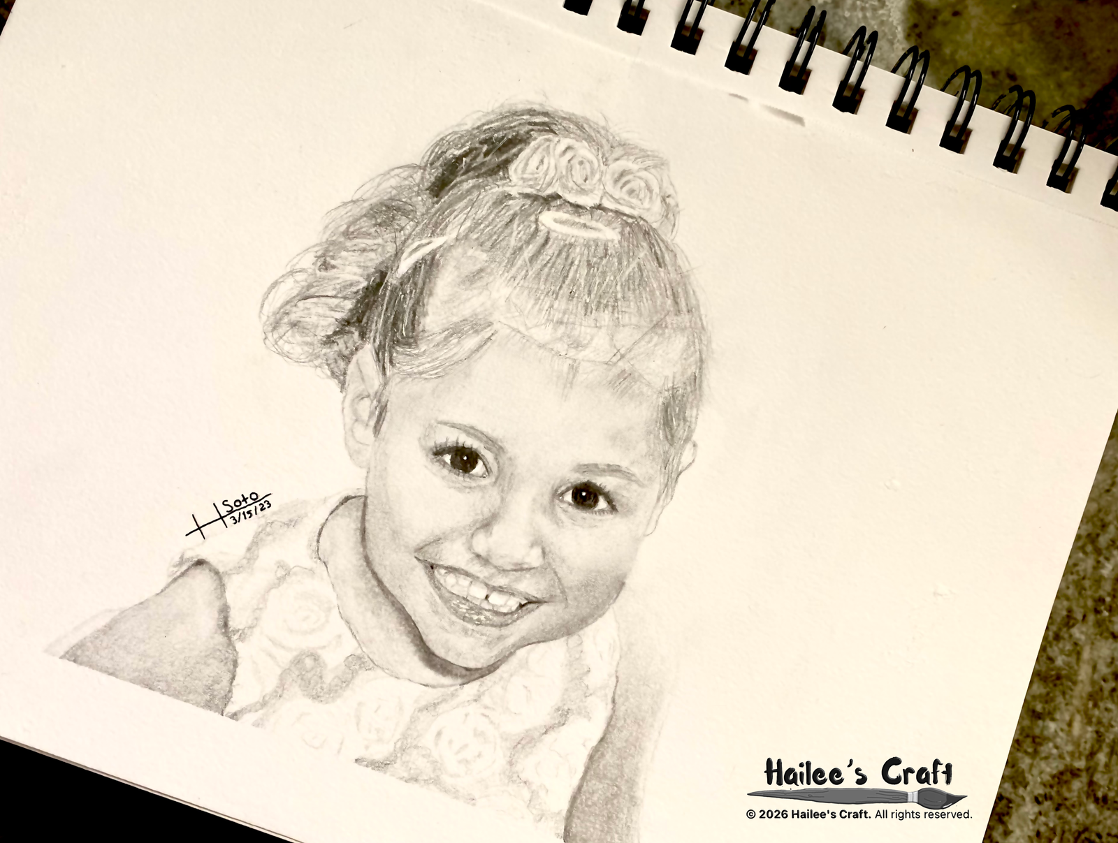  a drawn portrait in black and white of a little girl with pale skin and dark eyes. her hair is held up in a short ponytail and a flower clip is on the top of her head. she is wearing a dress decorated in flowers